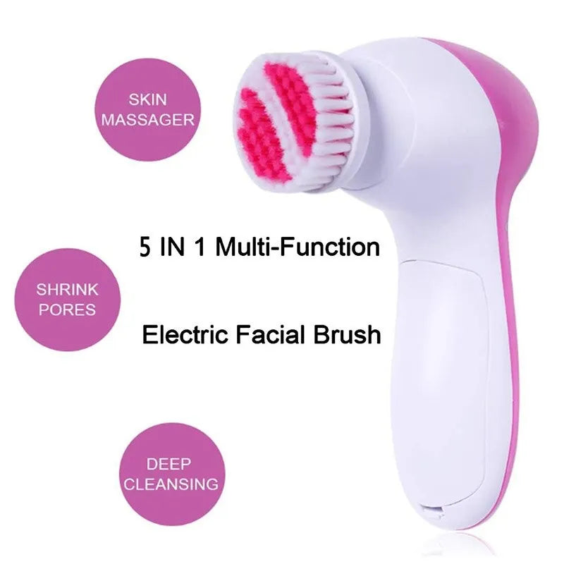 Product pictured being gently run over cheek area; caption overlay “Skin Massager — Helps refine pores & deep clean”