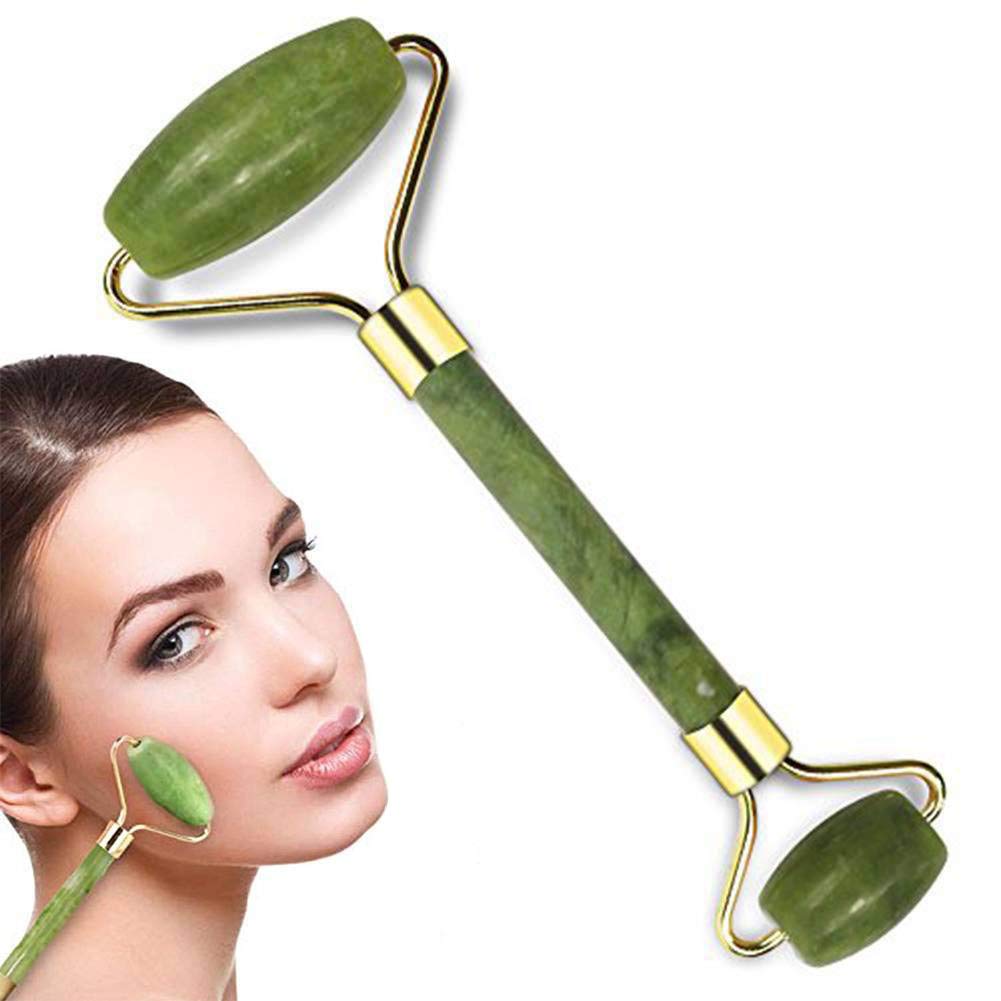 2-in-1 Natural Jade Roller and Gua Sha set with light green, authentic jade stones for facial massage and skincare.