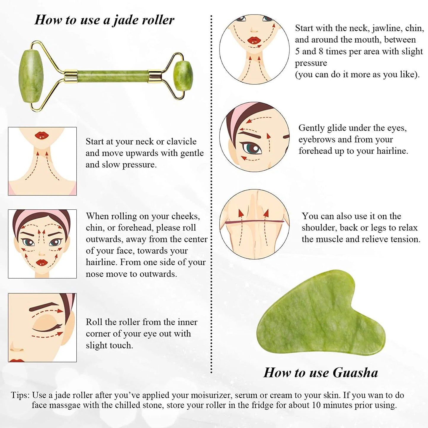 Instructional image detailing the 4-step technique for the Jade Roller: roll from neck up, center out, under eyes, and forehead up.