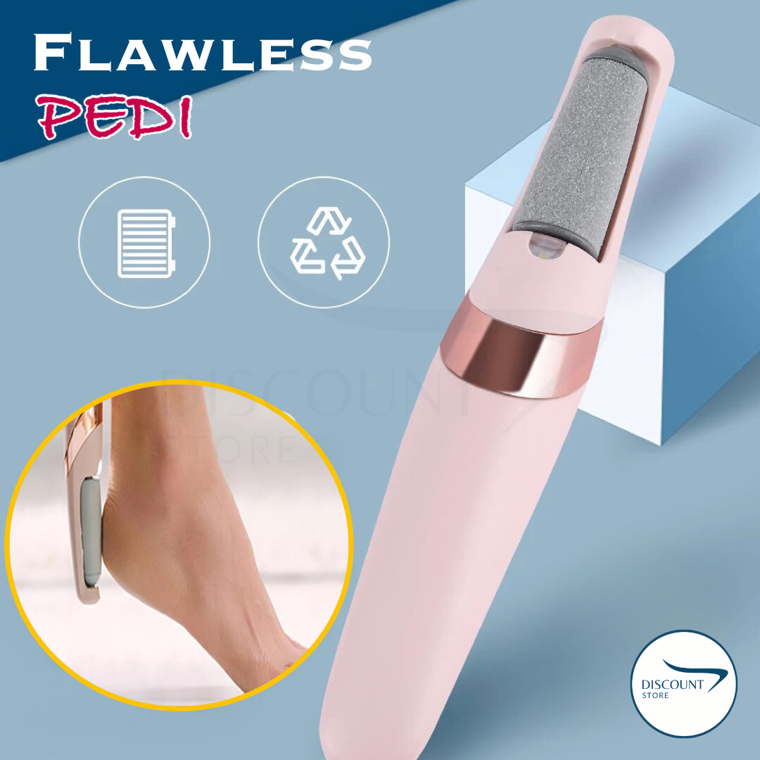 White cordless electric foot callus remover with ergonomic handle shown with one roller head attached on a white background.