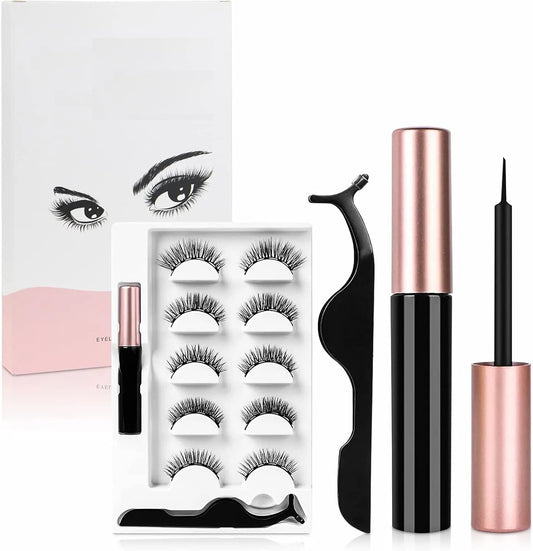 Complete magnetic eyelash kit featuring reusable false lashes and waterproof black magnetic liquid eyeliner.