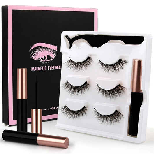 Close-up view of magnetic eyelash kit featuring reusable false lashes and waterproof black magnetic liquid eyeliner.
