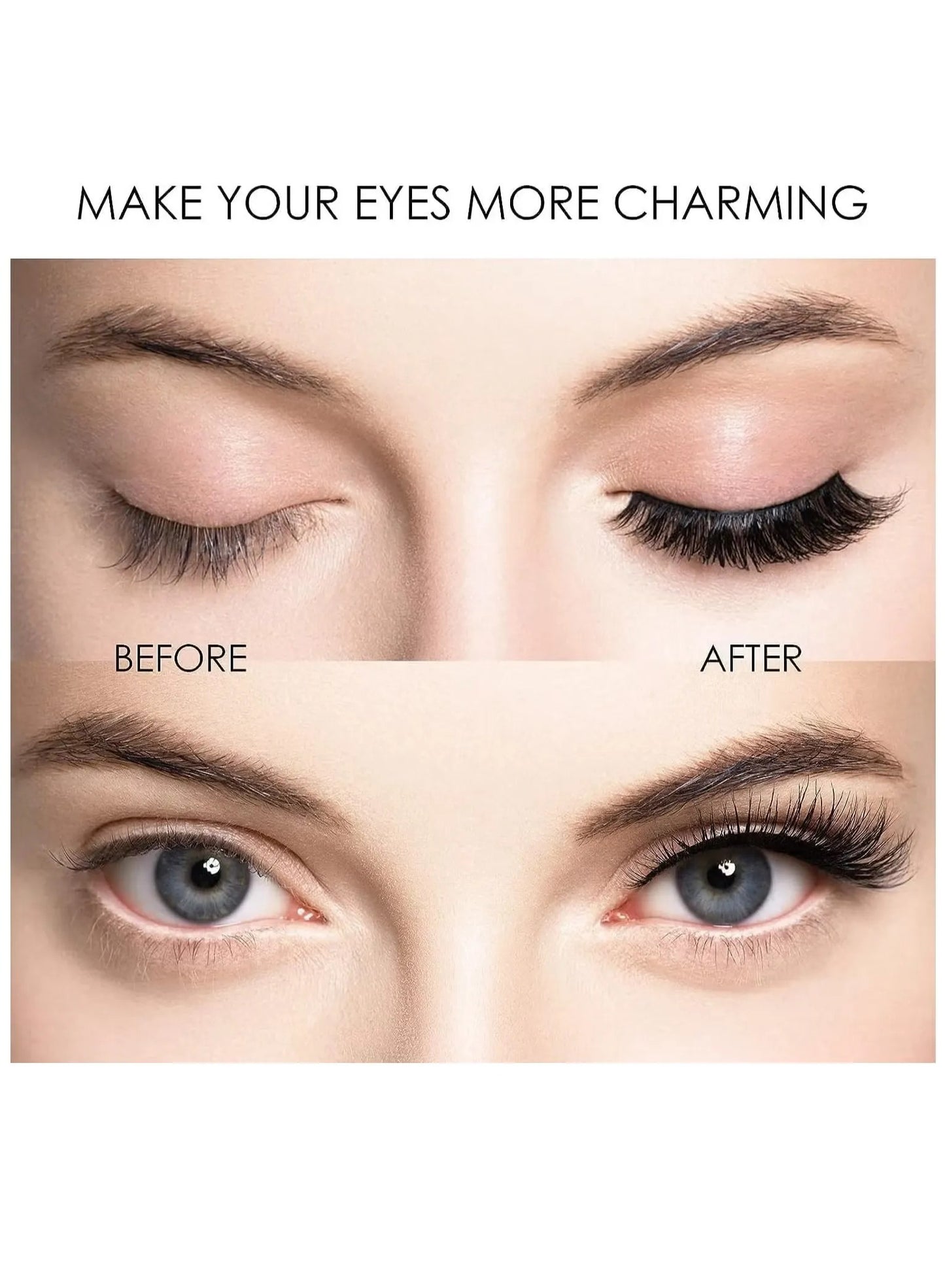 Before and after comparison showing the volume and length difference on natural eyes using magnetic eyelashes.