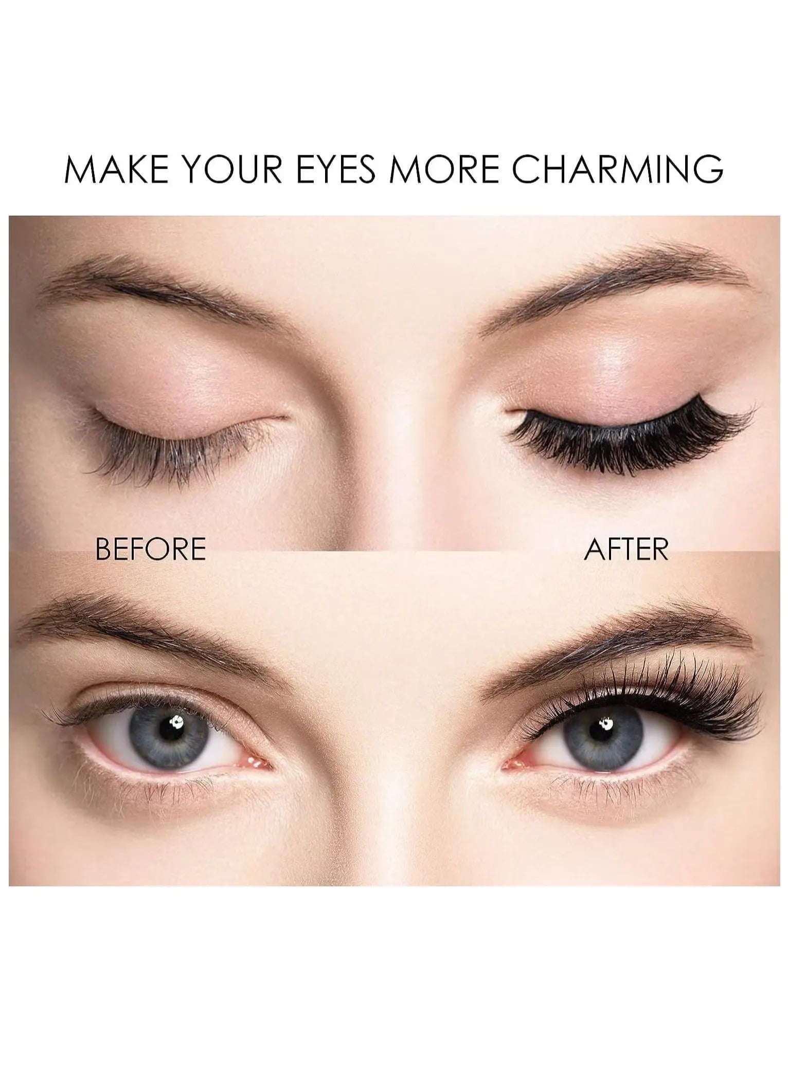Before and after comparison showing the volume and length difference on natural eyes using magnetic eyelashes.