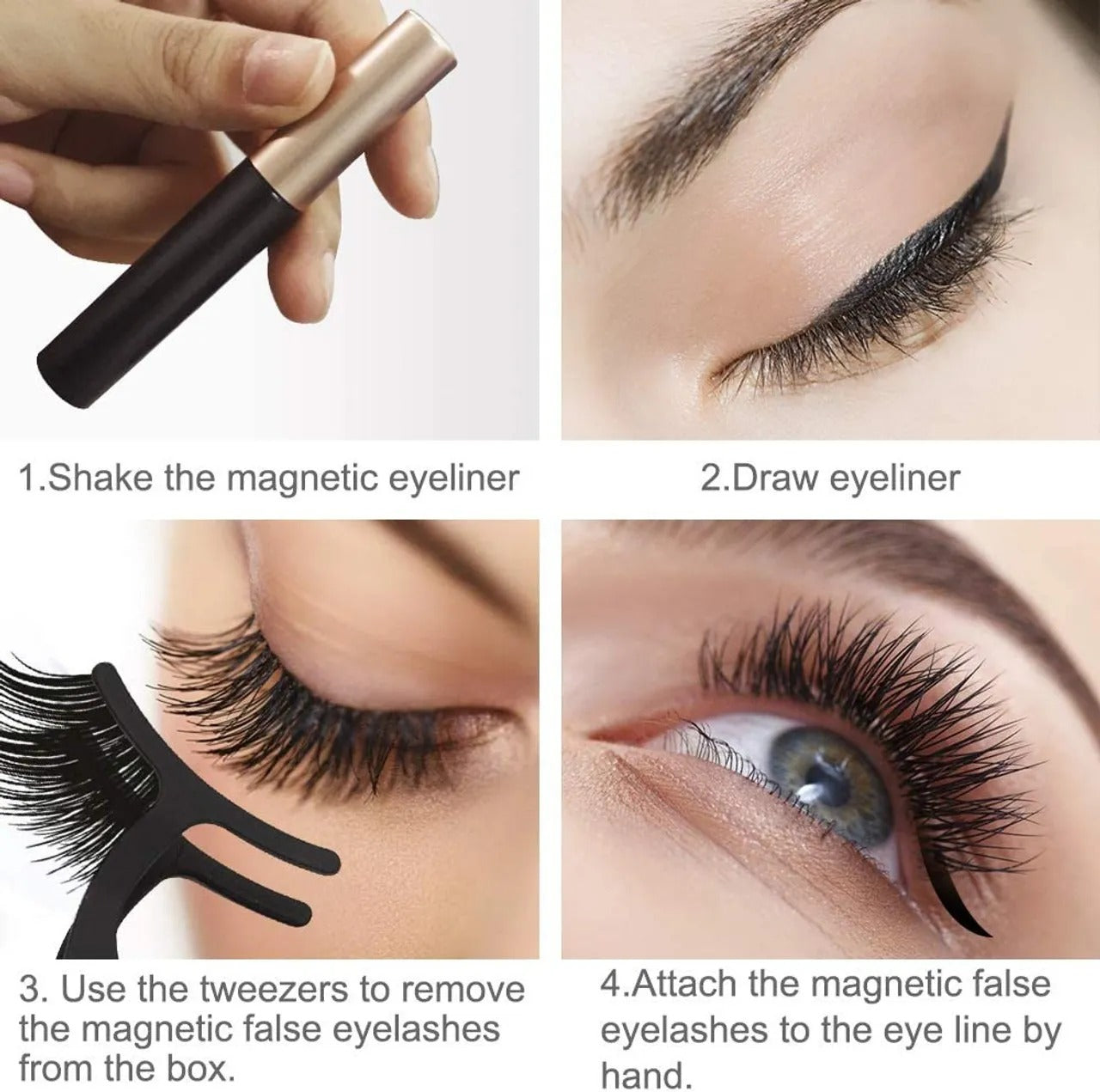 Step-by-step photo tutorial guide showing how to apply magnetic eyeliner and attach lashes without glue.