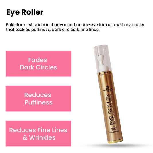 Cooling stainless steel eye roller applicator and serum treatment for dark circles and under-eye puffiness.