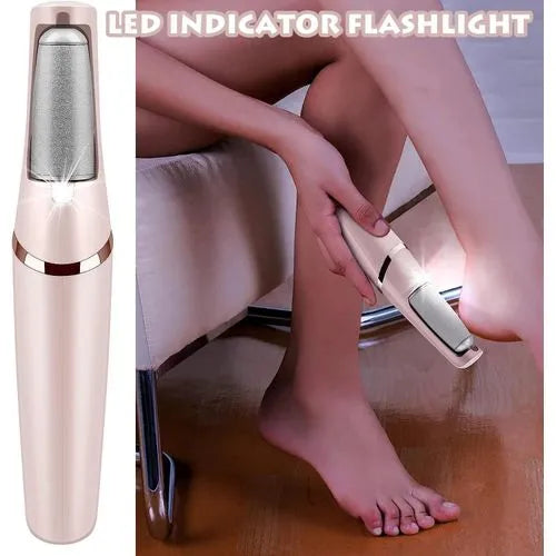 Person holding the electric foot file at an angle showing ergonomic grip and roller head—demonstration lifestyle image (cosmetic use).